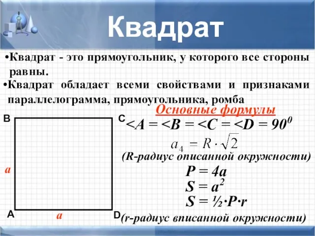 Квадрат - это прямоугольник, у которого все стороны равны. а а Квадрат