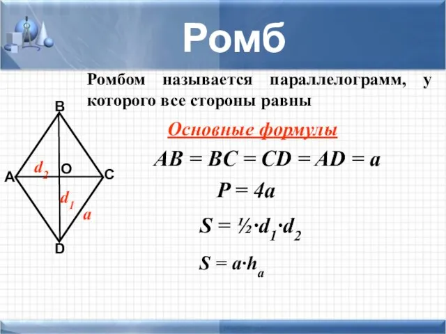 А В С D О Ромб Ромбом называется параллелограмм, у которого все