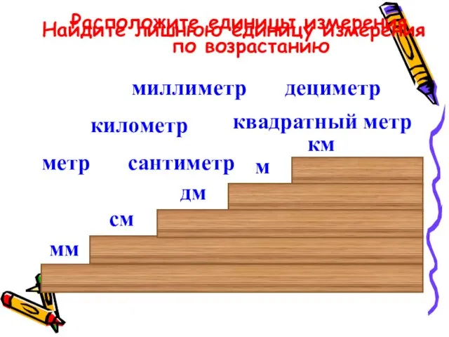 сантиметр миллиметр дециметр километр метр квадратный метр Найдите лишнюю единицу измерения Расположите