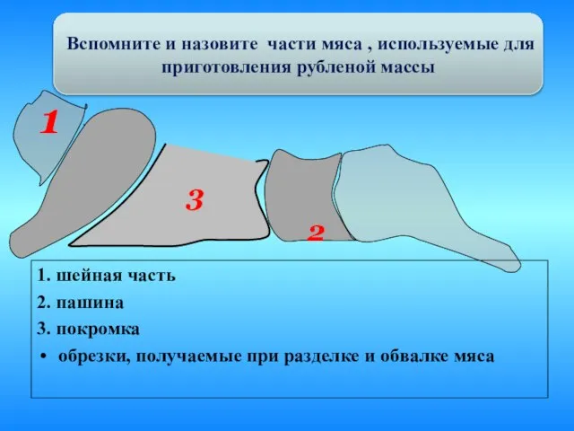 Вспомните и назовите части мяса , используемые для приготовления рубленой массы 1