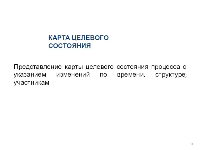 КАРТА ЦЕЛЕВОГО СОСТОЯНИЯ Представление карты целевого состояния процесса с указанием изменений по времени, структуре, участникам