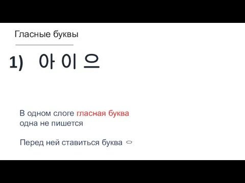 Гласные буквы 아 이 으 В одном слоге гласная буква одна не