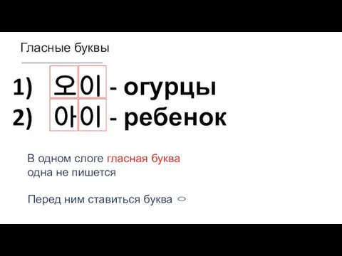 Гласные буквы 오이 - огурцы 아이 - ребенок В одном слоге гласная