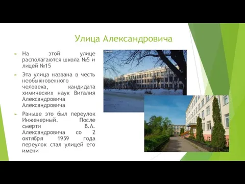 Улица Александровича На этой улице располагаются школа №5 и лицей №15 Эта