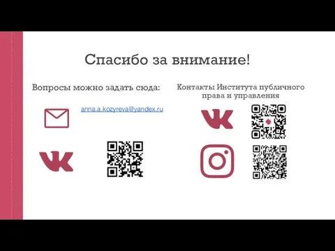 Спасибо за внимание! Вопросы можно задать сюда: anna.a.kozyreva@yandex.ru Контакты Института публичного права и управления