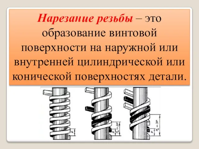 Нарезание резьбы – это образование винтовой поверхности на наружной или внутренней цилиндрической или конической поверхностях детали.