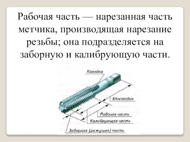 Рабочая часть — нарезанная часть метчика, производящая нарезание резьбы; она подразделяется на заборную и калибрующую части.