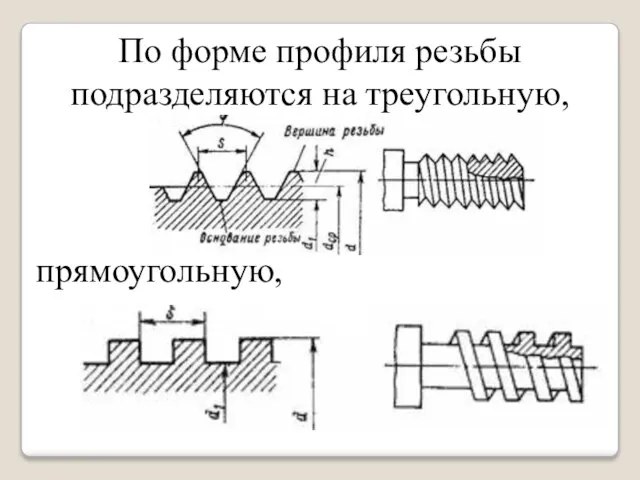 По форме профиля резьбы подразделяются на треугольную, прямоугольную,