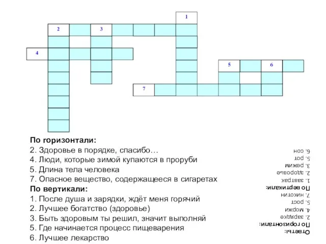 По горизонтали: 2. Здоровье в порядке, спасибо… 4. Люди, которые зимой купаются