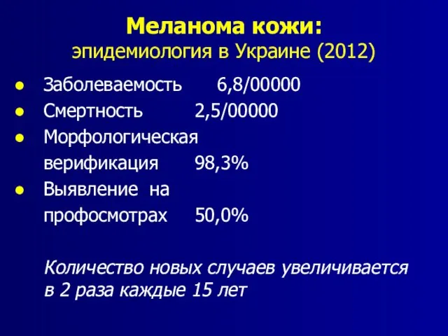 Меланома кожи: эпидемиология в Украине (2012) Заболеваемость 6,8/00000 Смертность 2,5/00000 Морфологическая верификация