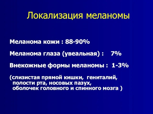 Меланома кожи : 88-90% Меланома глаза (увеальная) : 7% Внекожные формы меланомы