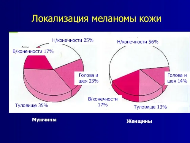 Локализация меланомы кожи Женщины Мужчины Н/конечности 25% В/конечности 17% Туловище 35% Н/конечности