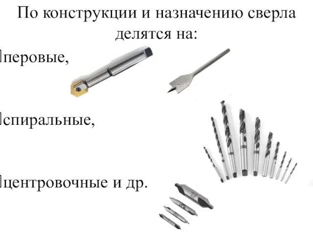 По конструкции и назначению сверла делятся на: перовые, спиральные, центровочные и др.