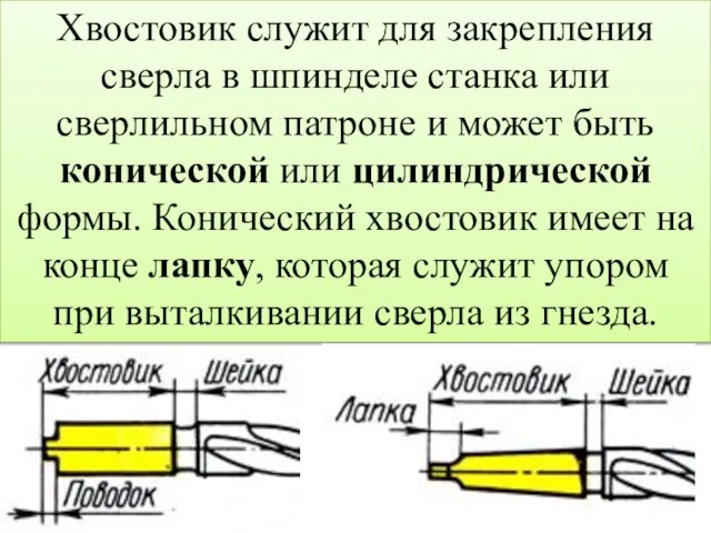 Хвостовик служит для закрепления сверла в шпинделе станка или сверлильном патроне и