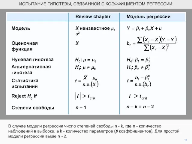 Статистика испытаний В случае модели регрессии число степеней свободы n - k,