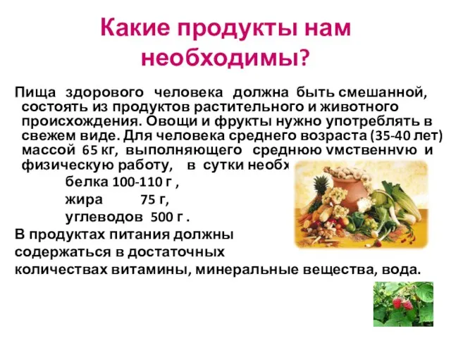 Какие продукты нам необходимы? Пища здорового человека должна быть смешанной, состоять из