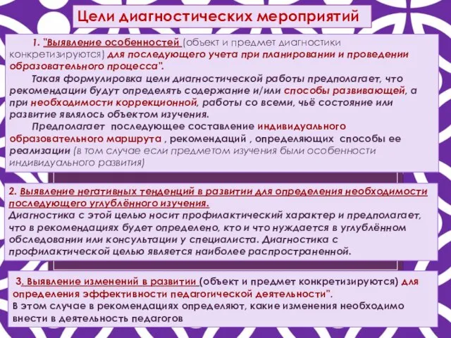 1. "Выявление особенностей (объект и предмет диагностики конкретизируются) для последующего учета при