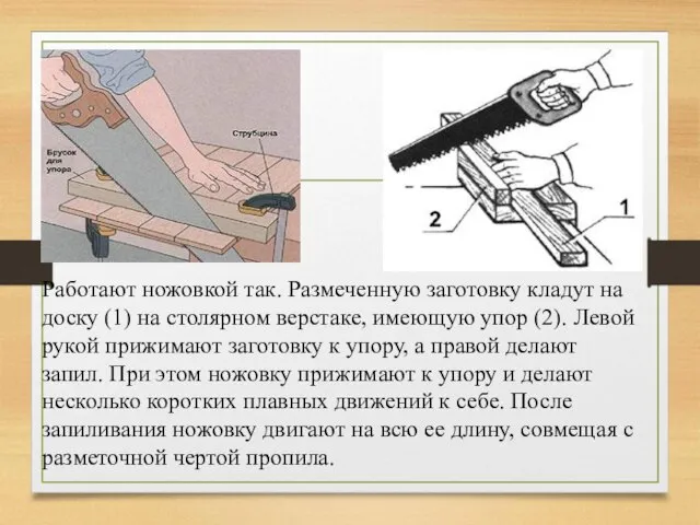 Работают ножовкой так. Размеченную заготовку кладут на доску (1) на столярном верстаке,