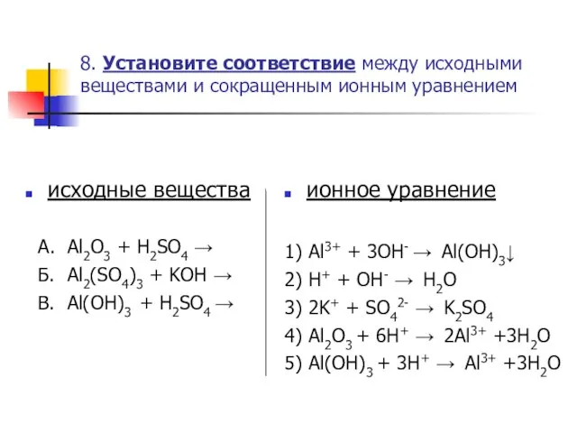 8. Установите соответствие между исходными веществами и сокращенным ионным уравнением исходные вещества