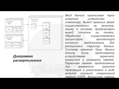 Диаграмма развертывания Ввод данных организован через штатное устройство - клавиатуру. Вывод экранных