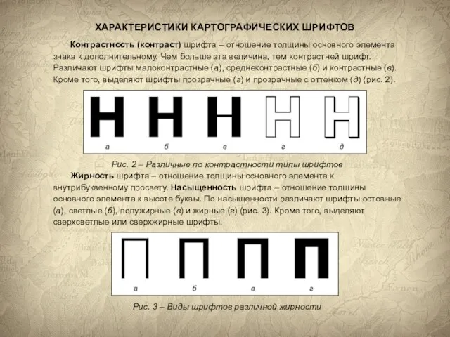 Рис. 2 – Различные по контрастности типы шрифтов ХАРАКТЕРИСТИКИ КАРТОГРАФИЧЕСКИХ ШРИФТОВ Контрастность