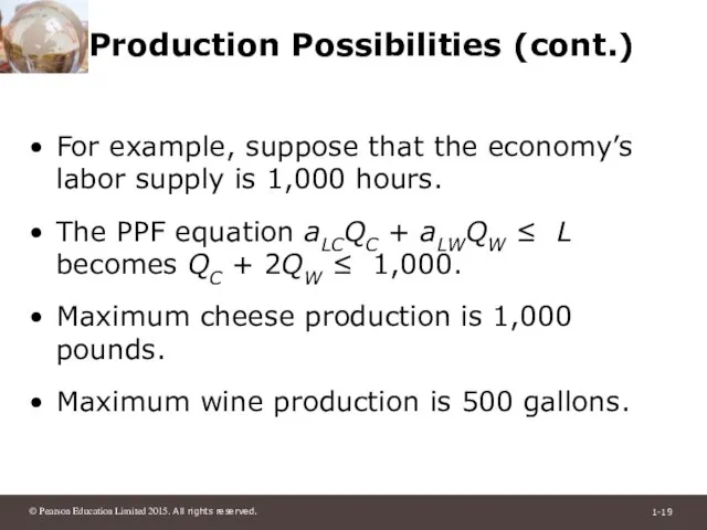 Production Possibilities (cont.) For example, suppose that the economy’s labor supply is