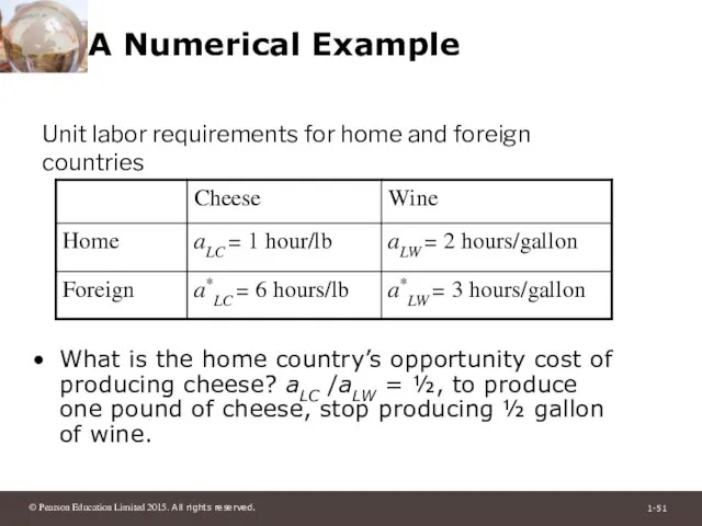 A Numerical Example What is the home country’s opportunity cost of producing