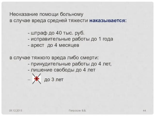 09.12.2015 Петросян В.В. Неоказание помощи больному в случае вреда средней тяжести наказывается: