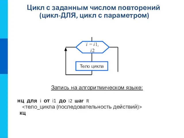 Цикл с заданным числом повторений (цикл-ДЛЯ, цикл с параметром) Запись на алгоритмическом