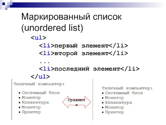 Маркированный список (unordered list) Сравните первый элемент второй элемент ... последний элемент