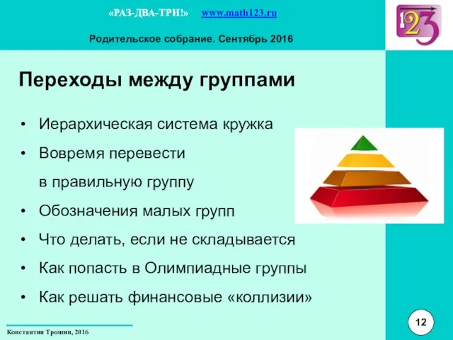 Переходы между группами Иерархическая система кружка Вовремя перевести в правильную группу Обозначения