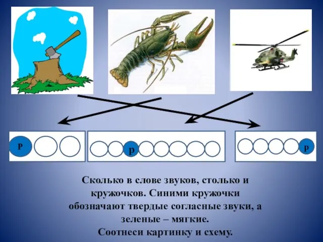Р р р Сколько в слове звуков, столько и кружочков. Синими кружочки
