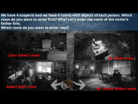 We have 4 suspects and we have 4 rooms with objects of