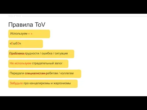 Правила ToV Используем « » кЕшбЭк Проблема трудности / ошибка / ситуация