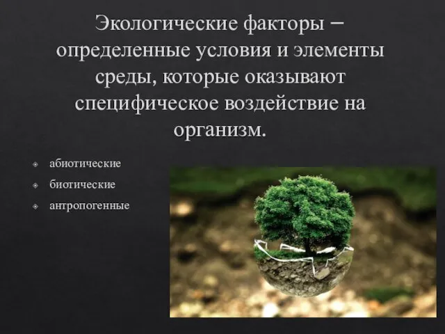 Экологические факторы – определенные условия и элементы среды, которые оказывают специфическое воздействие