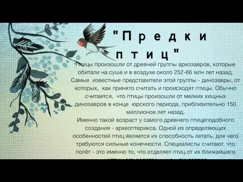 "Предки птиц" Птицы произошли от древней группы архозавров, которые обитали на суше