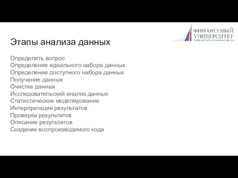 Этапы анализа данных Определить вопрос Определение идеального набора данных Определение доступного набора