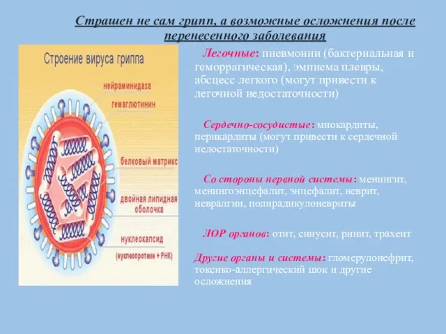 Страшен не сам грипп, а возможные осложнения после перенесенного заболевания Легочные: пневмонии