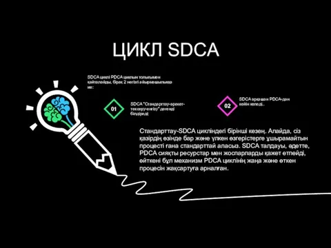 ЦИКЛ SDCA SDCA "Стандарттау-әрекет-тексеру-енгізу" дегенді білдіреді; SDCA әрқашан PDCA-дан кейін келеді.. SDCA