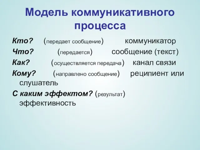 Модель коммуникативного процесса Кто? (передает сообщение) коммуникатор Что? (передается) сообщение (текст) Как?