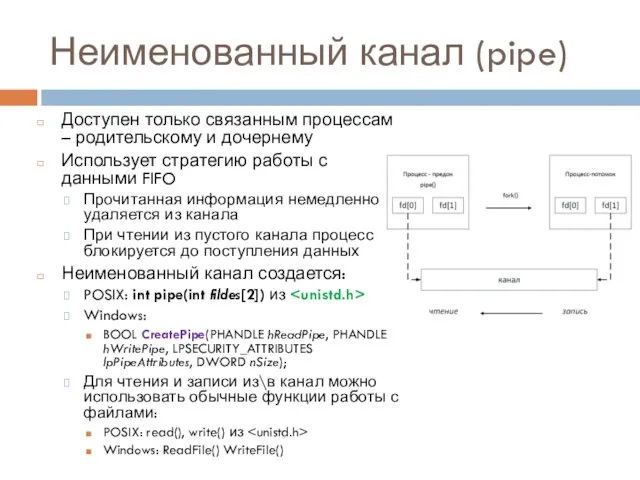 Неименованный канал (pipe) Доступен только связанным процессам – родительскому и дочернему Использует