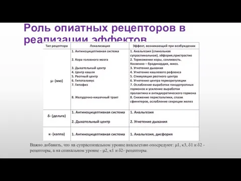 Роль опиатных рецепторов в реализации эффектов Важно добавить, что на супраспинальном уровне