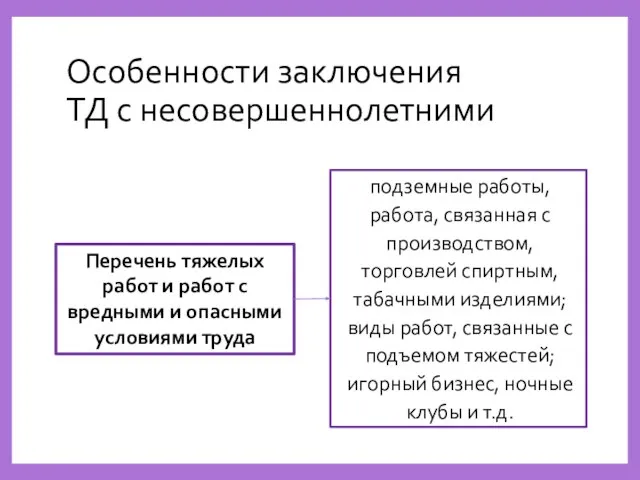 Особенности заключения ТД с несовершеннолетними подземные работы, работа, связанная с производством, торговлей