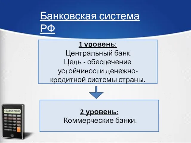 Банковская система РФ 1 уровень: Центральный банк. Цель - обеспечение устойчивости денежно-кредитной