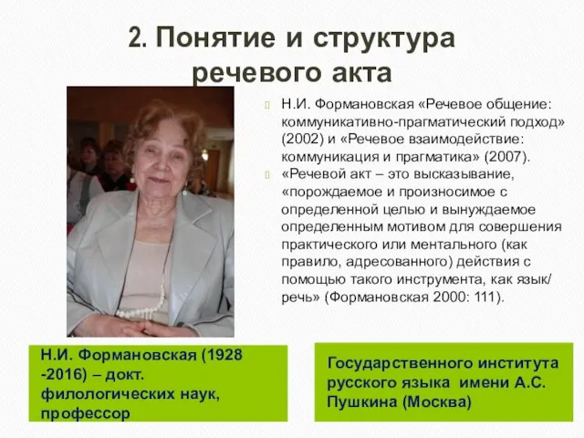 2. Понятие и структура речевого акта Н.И. Формановская (1928 -2016) – докт.