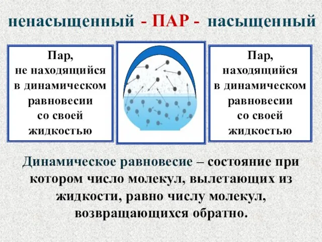 насыщенный ненасыщенный Пар, не находящийся в динамическом равновесии со своей жидкостью Пар,