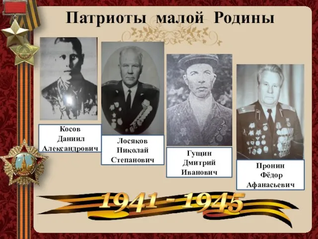 Патриоты малой Родины Лосяков Николай Степанович Гущин Дмитрий Иванович Косов Даниил Александрович Пронин Фёдор Афанасьевич