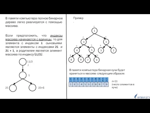 В памяти компьютера полное бинарное дерево легко реализуется с помощью массива. Если