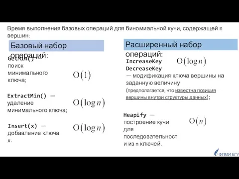GetMin() — поиск минимального ключа; IncreaseKey DecreaseKey — модификация ключа вершины на