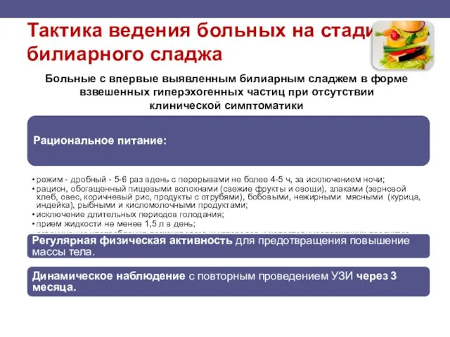 Тактика ведения больных на стадии билиарного сладжа Рациональное питание: режим - дробный